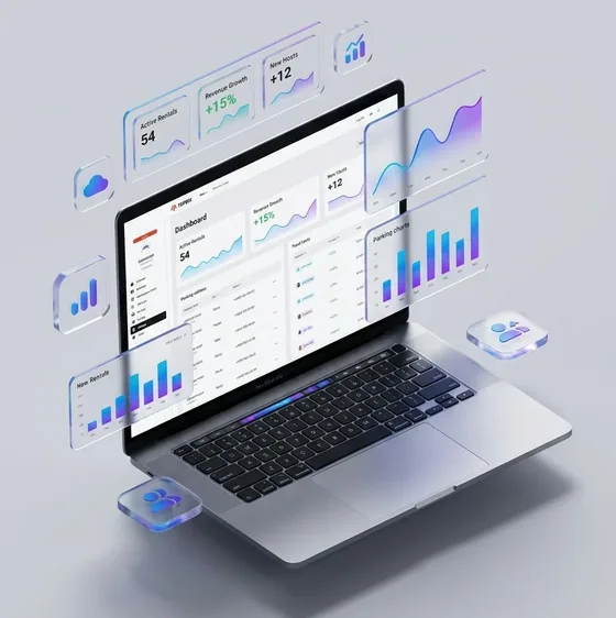 TripBox dashboard on a laptop: bookings, revenue and cars
